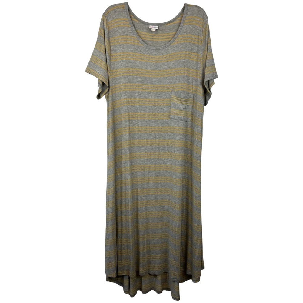 LULAROE Carly Swing Hi-Lo Hem Shirt Dress Gray/Yellow Stripe Jersey Size Medium